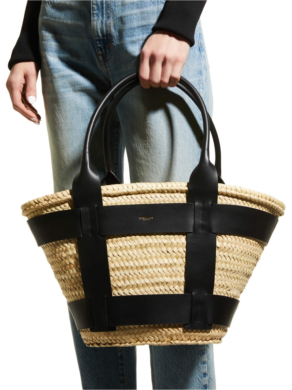 DeMellier Santorini Raffia Tote with Black Leather Trim